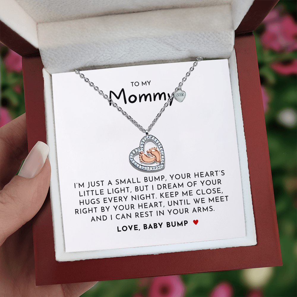 To My Mommy Rose Gold Baby Feet Necklace with Mahogany Luxury Gift Box