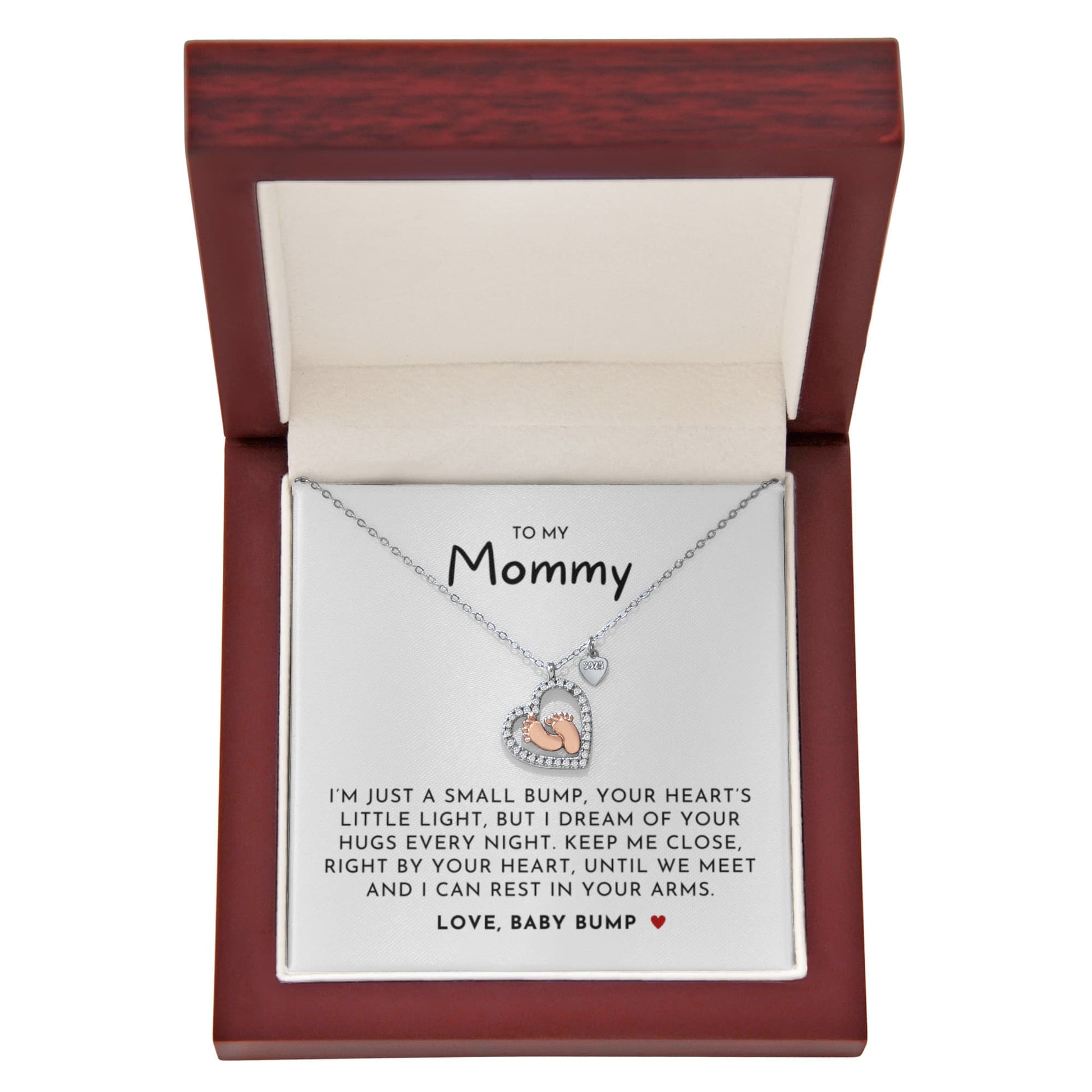 To My Mommy Rose Gold Baby Feet Necklace with Mahogany Luxury Gift Box
